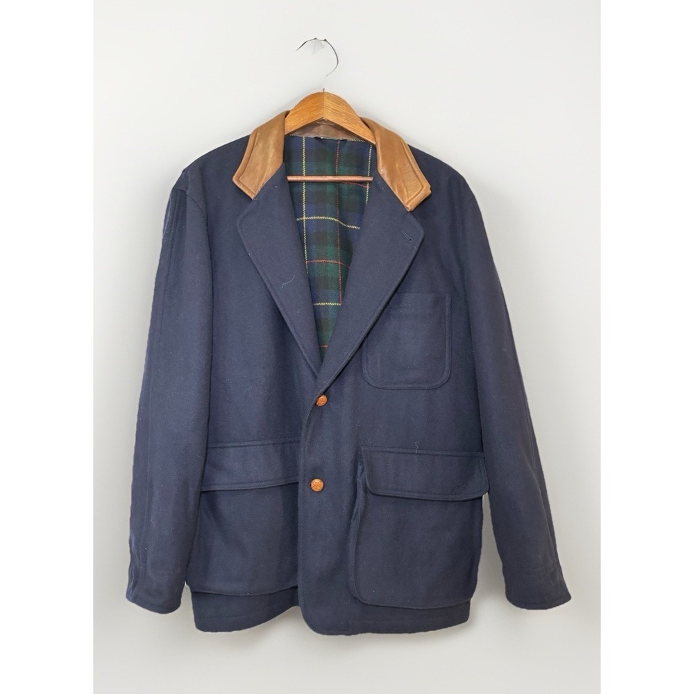 Men's Navy Blazer Jacket Brown Leather Collar Plaid Lined Wool Blend Sport Coat